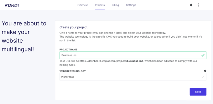 Weglot创建一个新项目