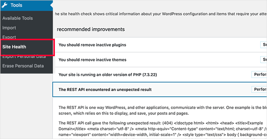 WordPress 网站健康中的 REST API 错误