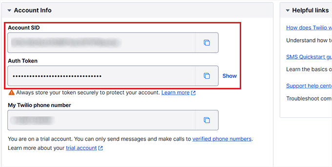 复制Twilio账户信息