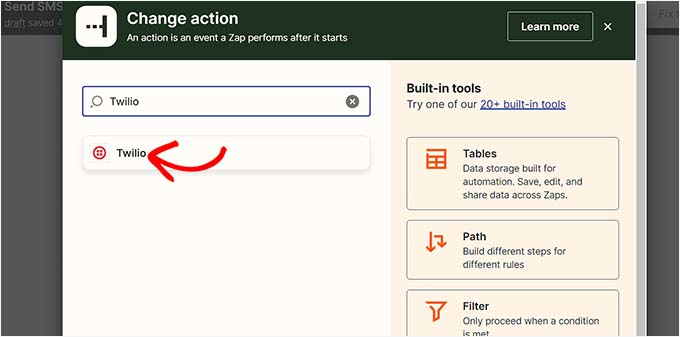 选择 Twilio 作为动作积分