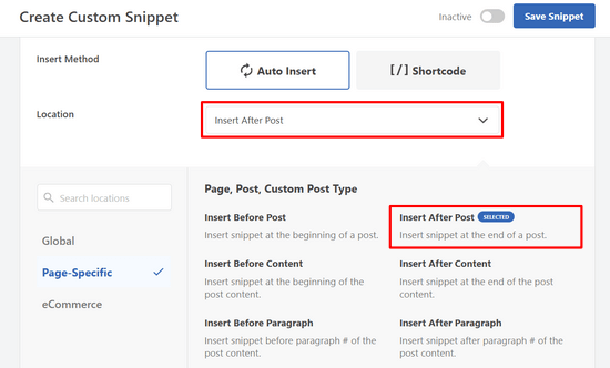在WPCode中选择插入位置