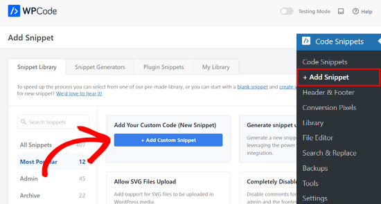 在WPCode中添加自定义代码